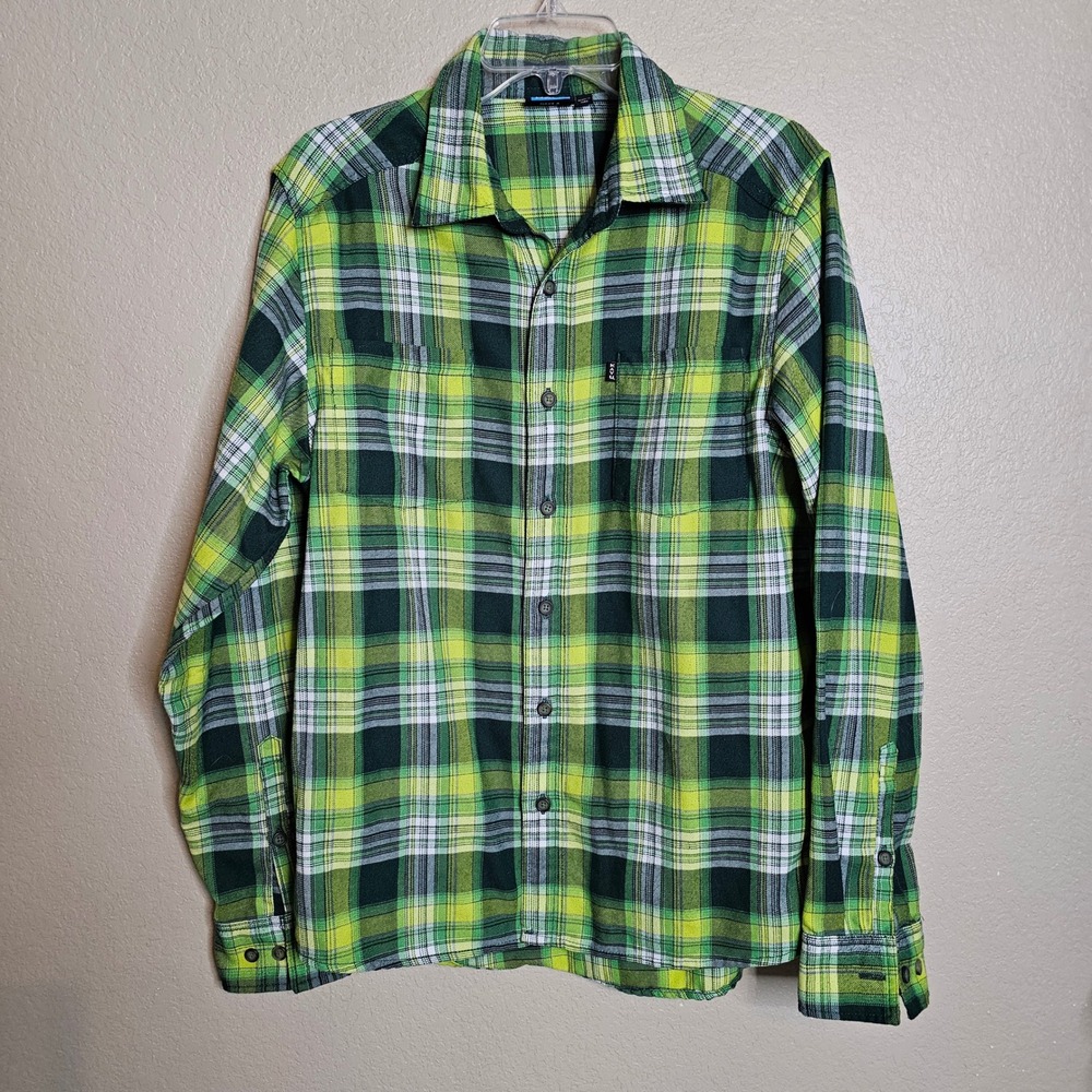 KAVU Mens Green Yellow Plaid Flannel Long Sleeve Button Down Shirt Size Medium